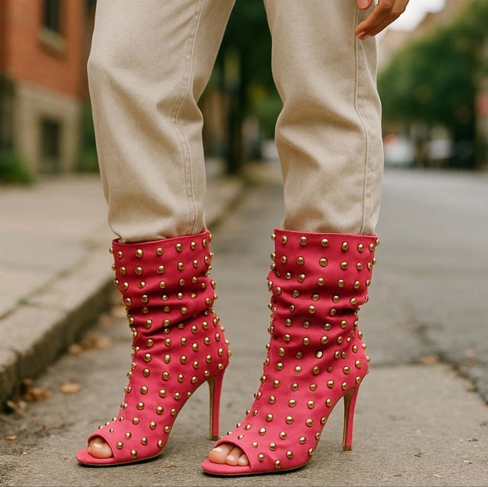 Studded red Peep toe booties.  Size 10